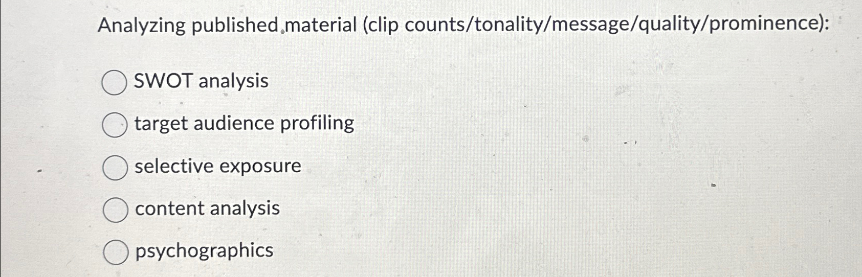  Analyzing published material (clip counts/tonality/message/quality/prominence): SWOT analysis target audience profiling selective
