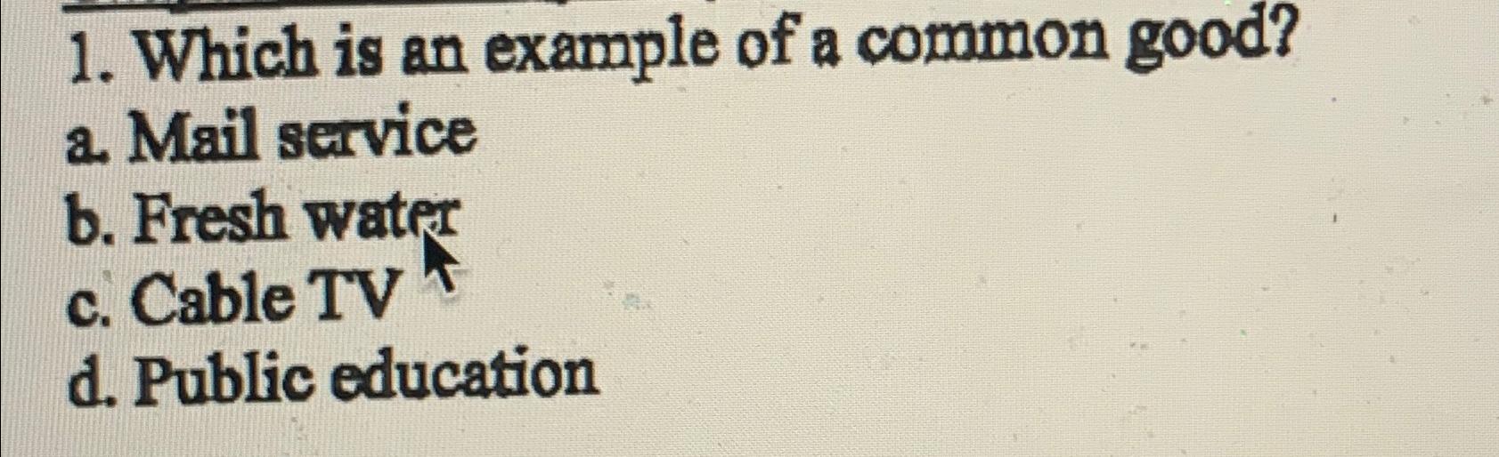  Which is an example of a common good? a. Mail service