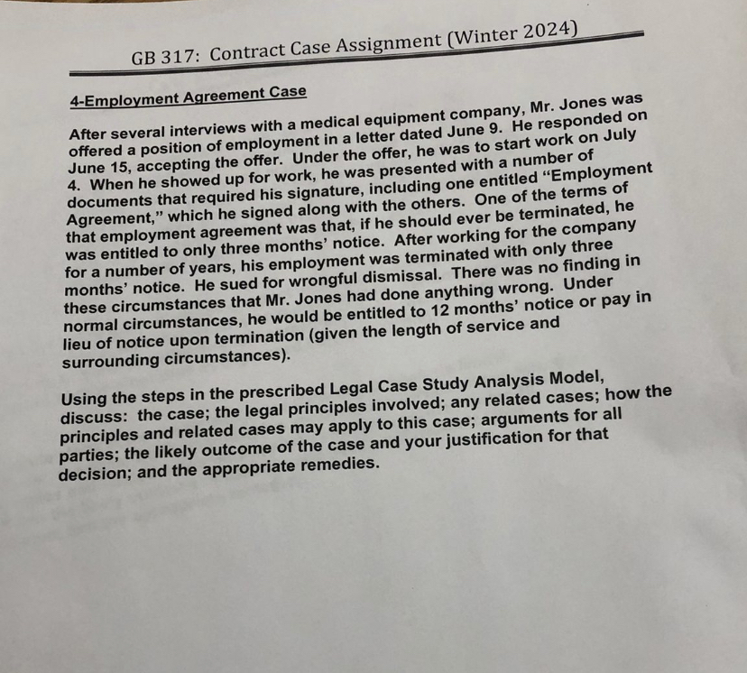  GB 317: Contract Case Assignment (Winter 2024) 4-Employment Agreement Case After