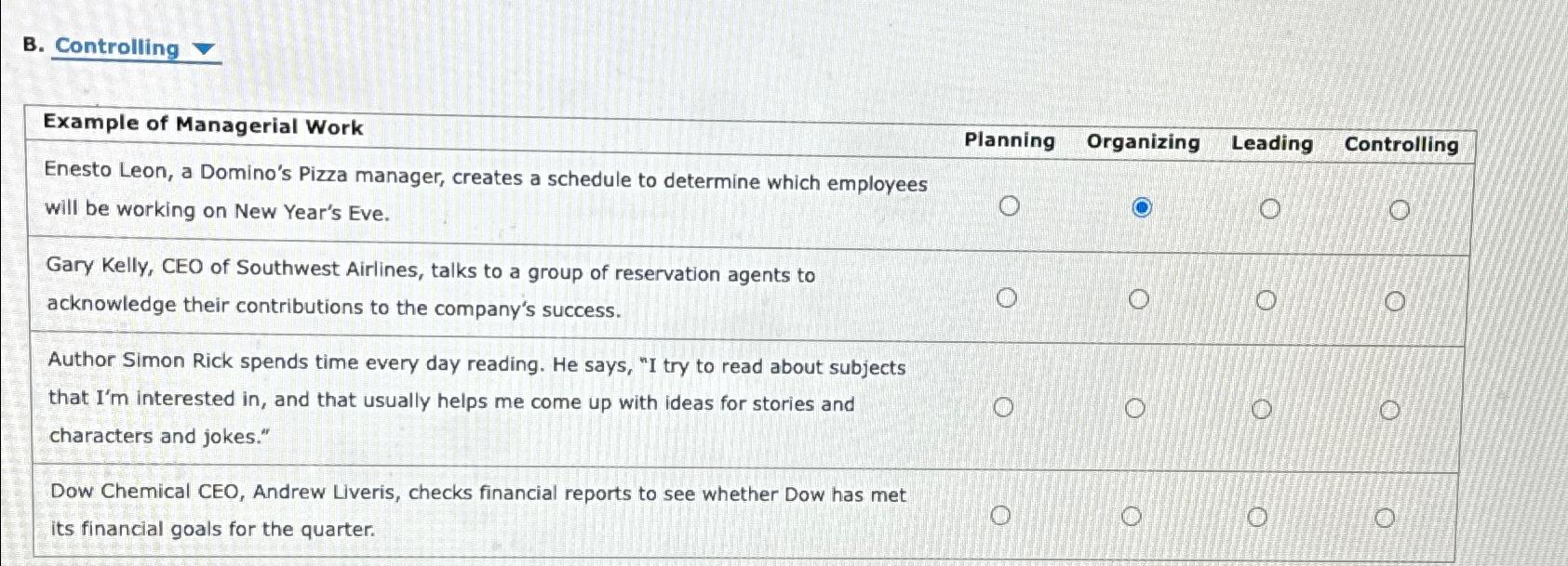  B. Controlling \table[[Example of Managerial Work],[Enesto Leon, a Domino's Pizza manager,