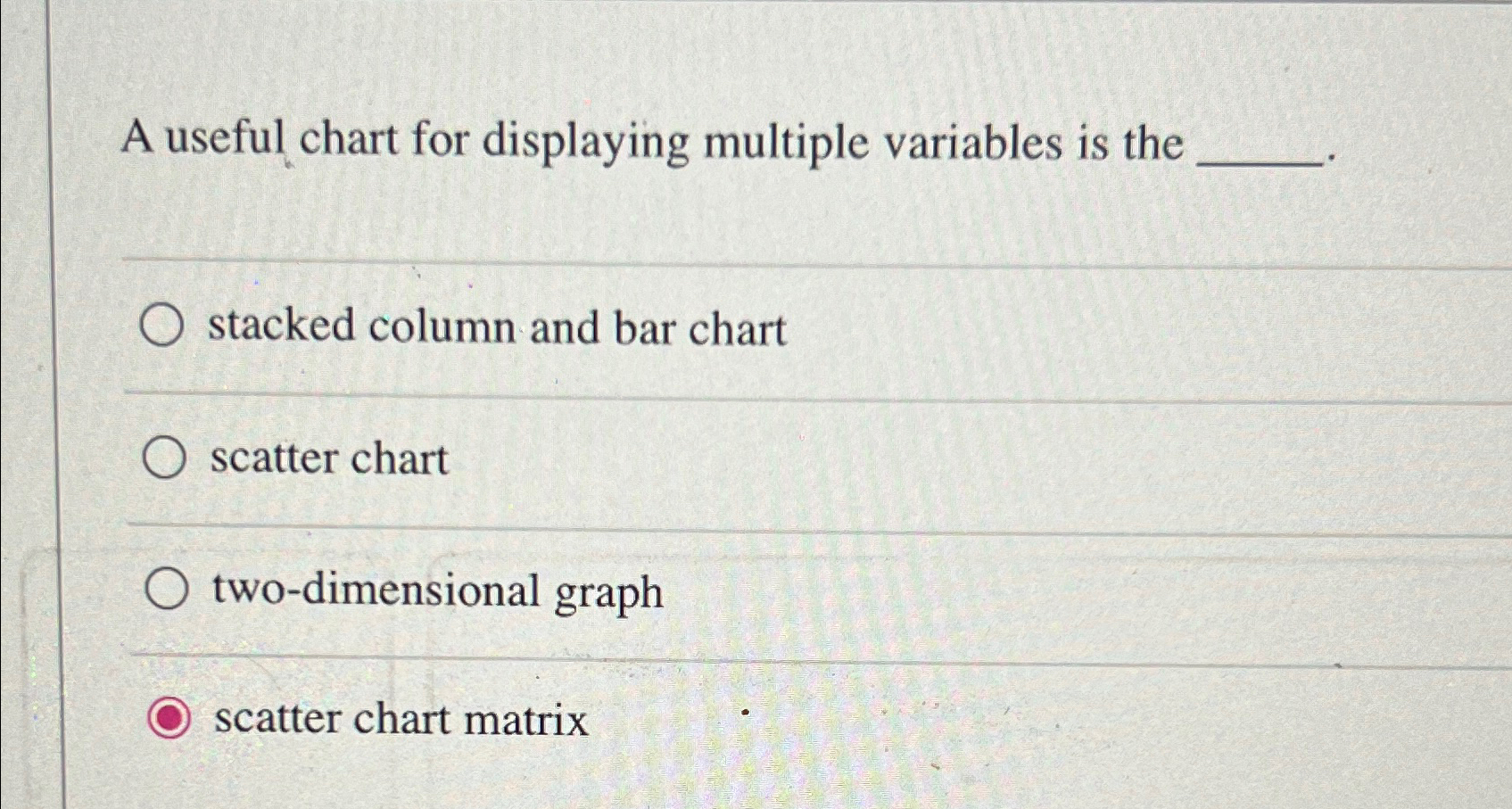  A useful chart for displaying multiple variables is the stacked column