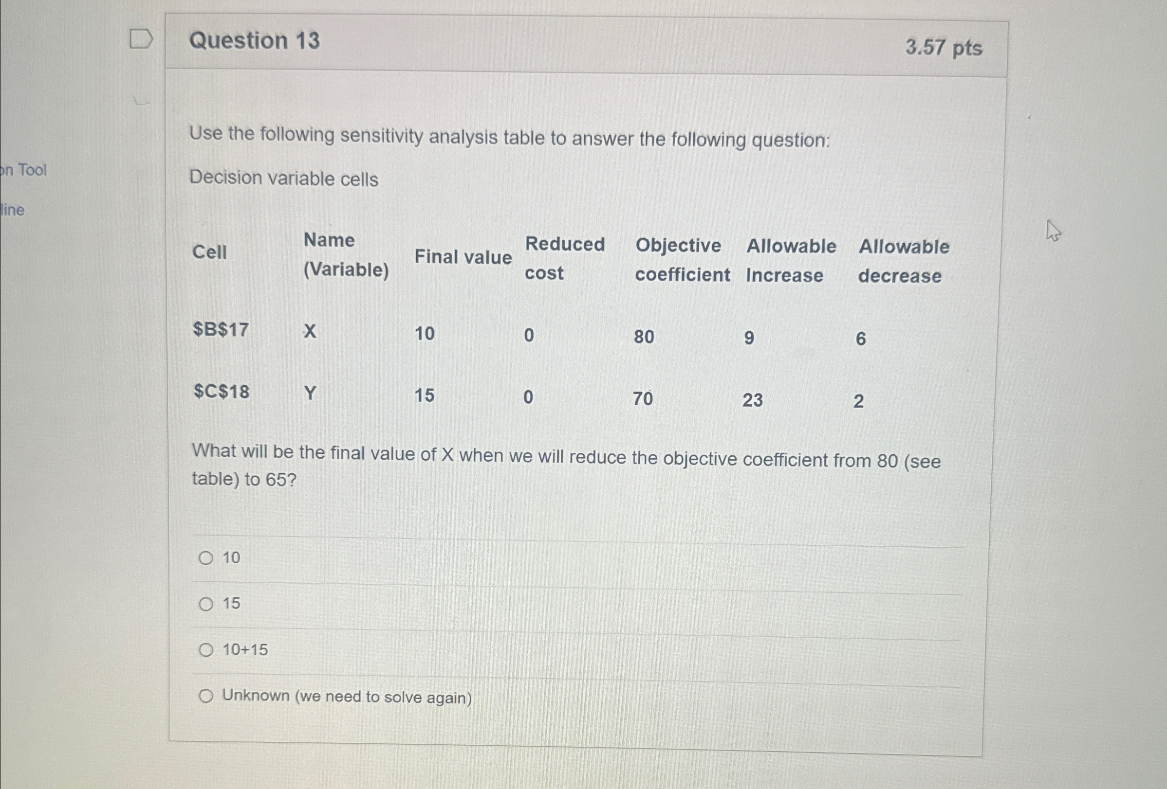  Question 13 3.57pts Use the following sensitivity analysis table to answer
