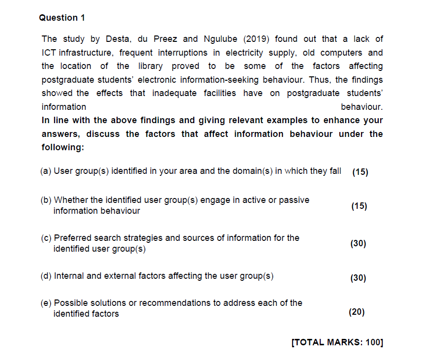 Question 1 The study by Desta, du Preez and Ngulube (2019)