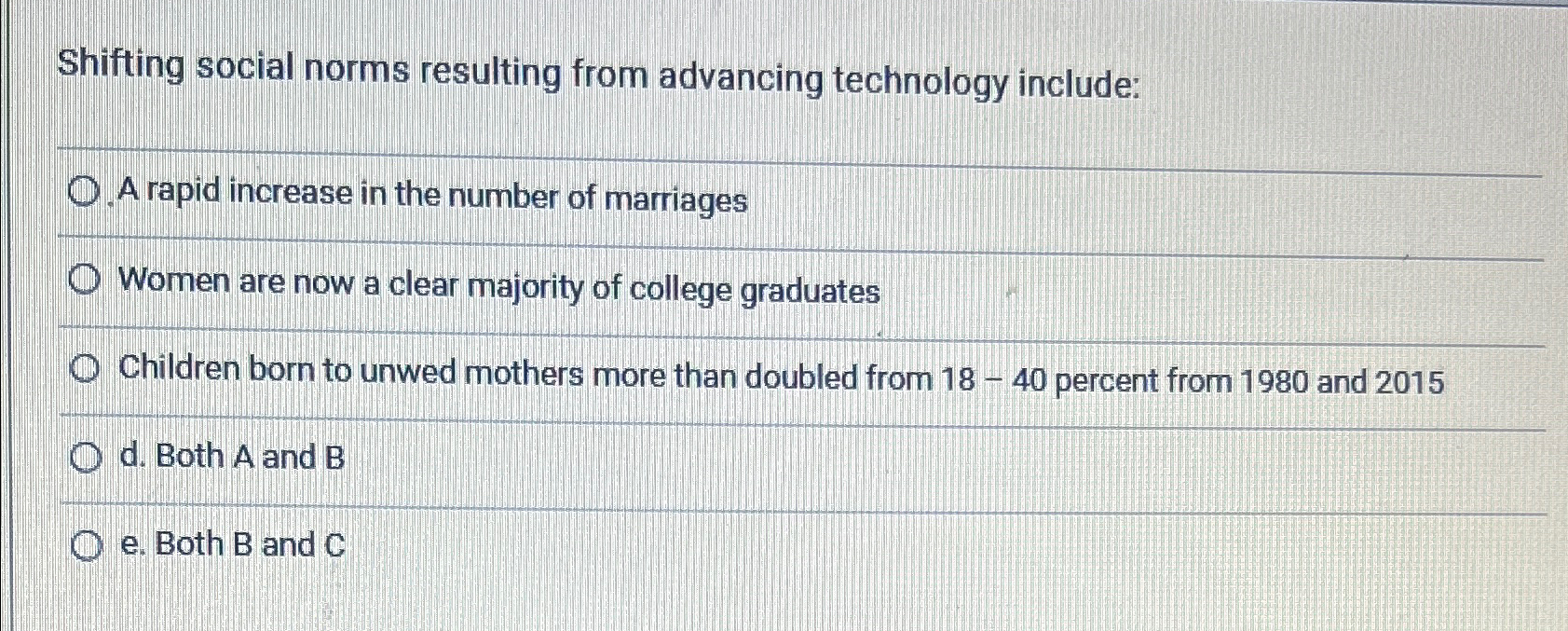  Shifting social norms resulting from advancing technology include: A rapid increase