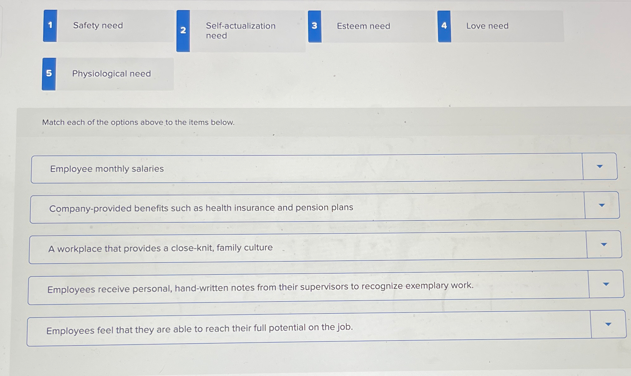  1, Safety need 2 Self-actualization 3 Esteem need 4 Love need