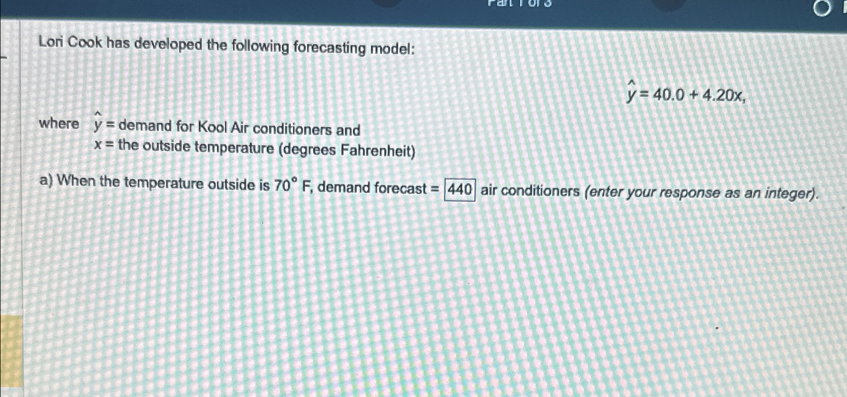  Lori Cook has developed the following forecasting model: hat(y)=40.0+4.20x where hat(y)=