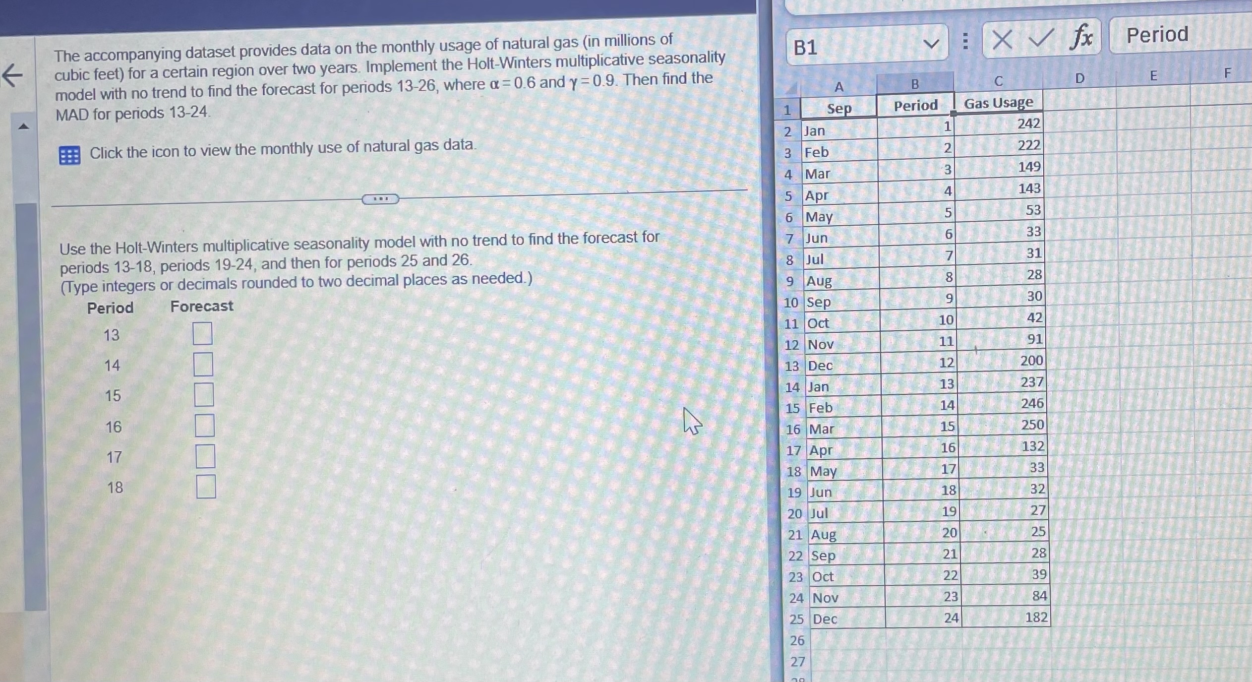  solve forecast for 13-26 and the MAD for periods 13-24 