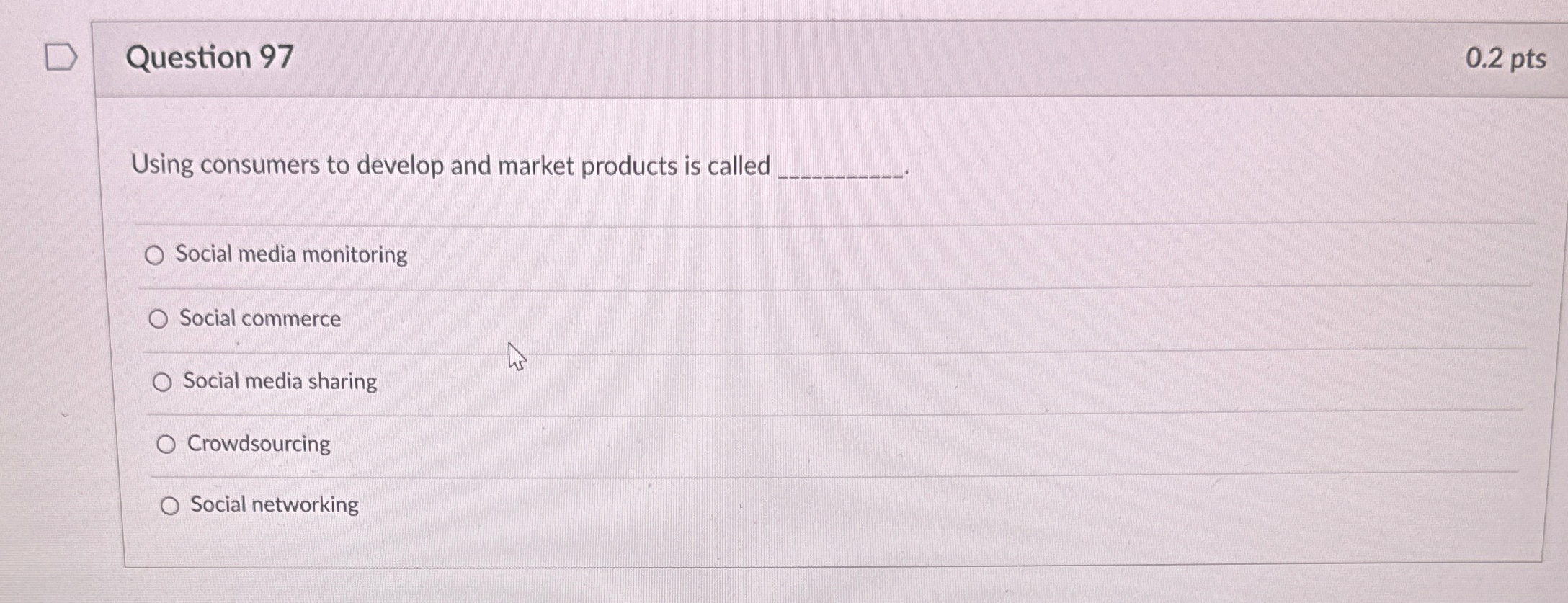  Question 97 0.2pts Using consumers to develop and market products is