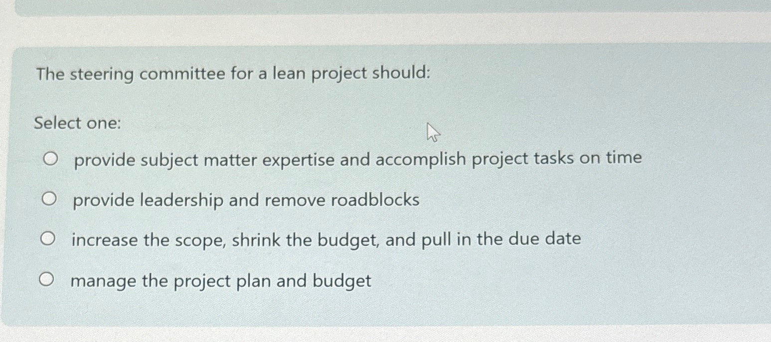  The steering committee for a lean project should: Select one: provide