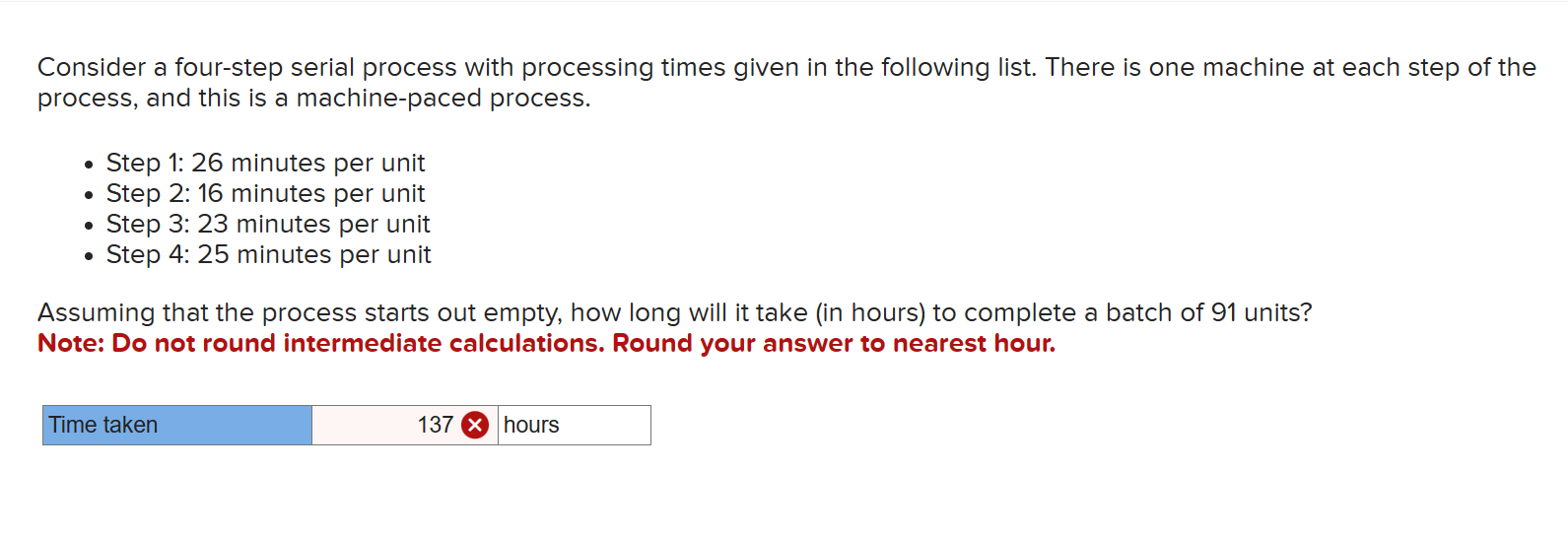  Consider a four-step serial process with processing times given in the