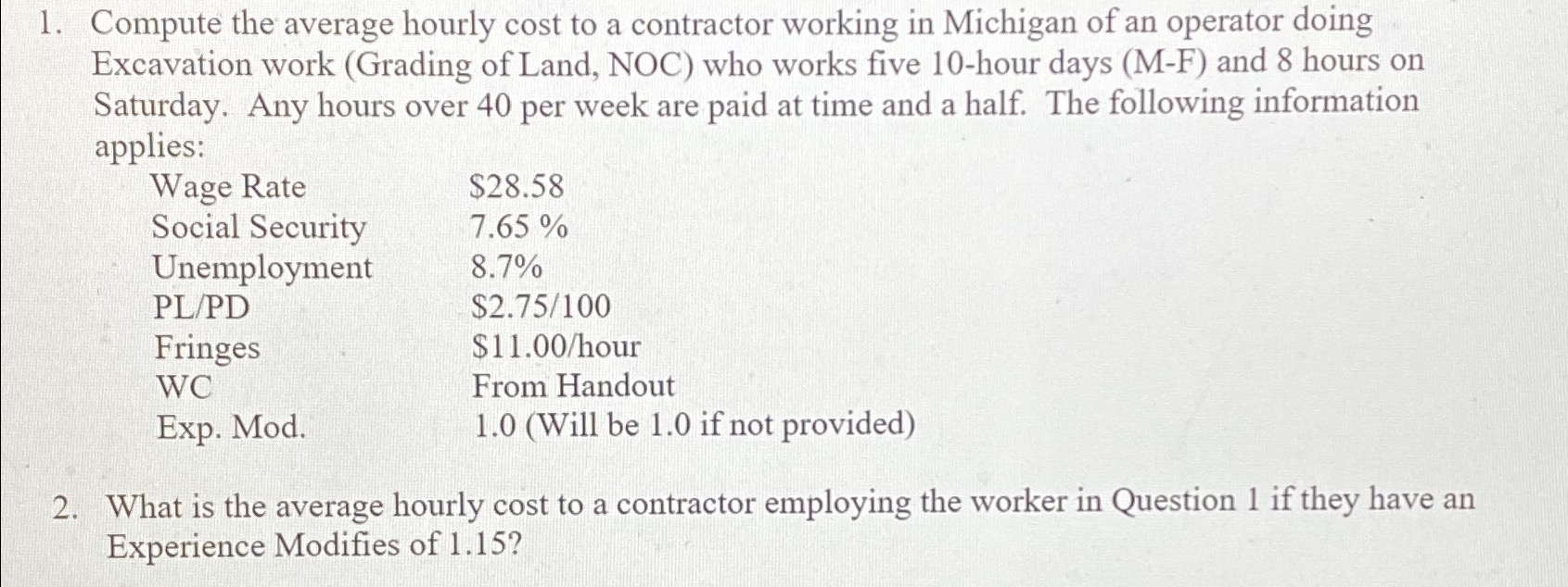  Compute the average hourly cost to a contractor working in Michigan