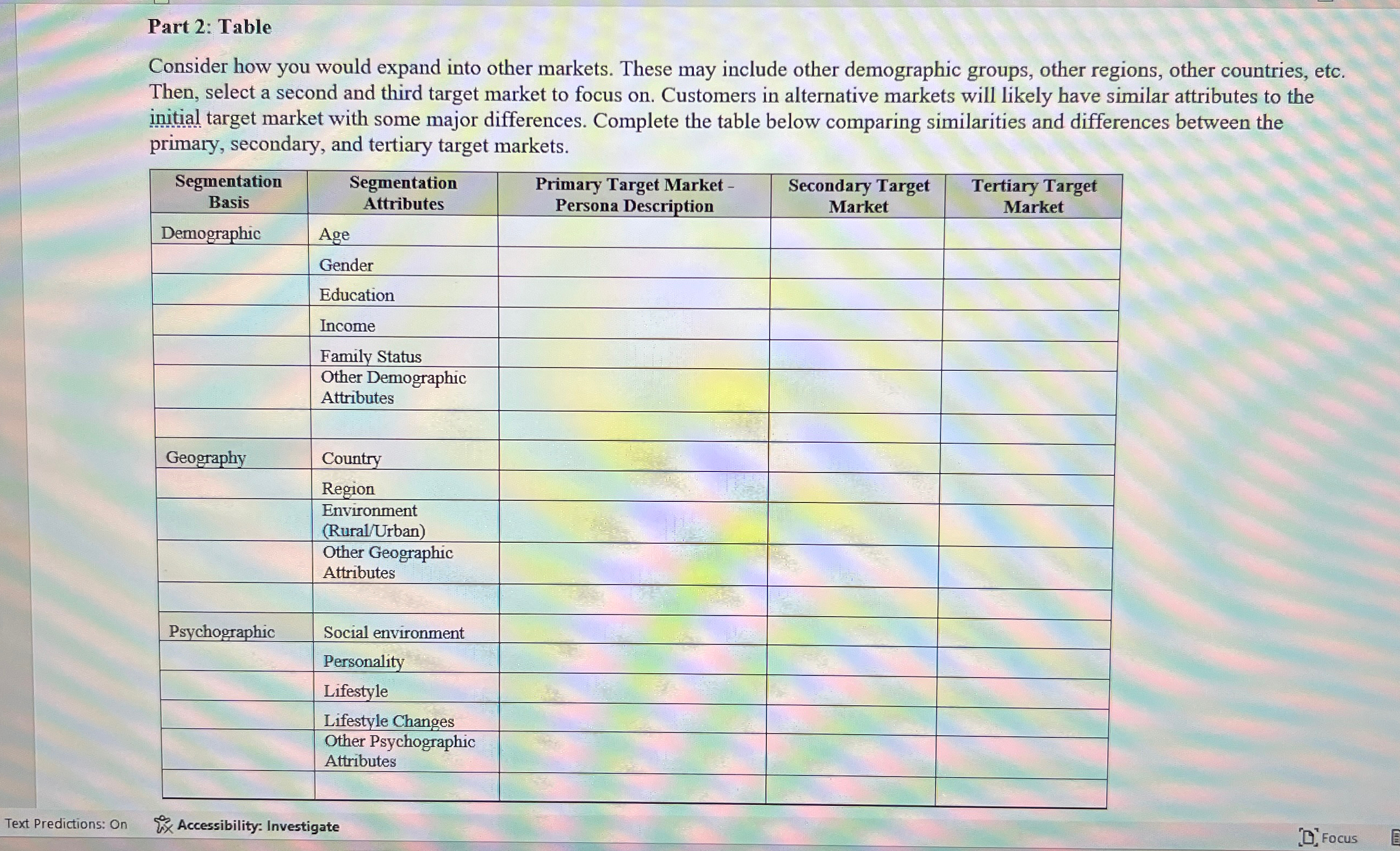  Part 2: Table Consider how you would expand into other markets.