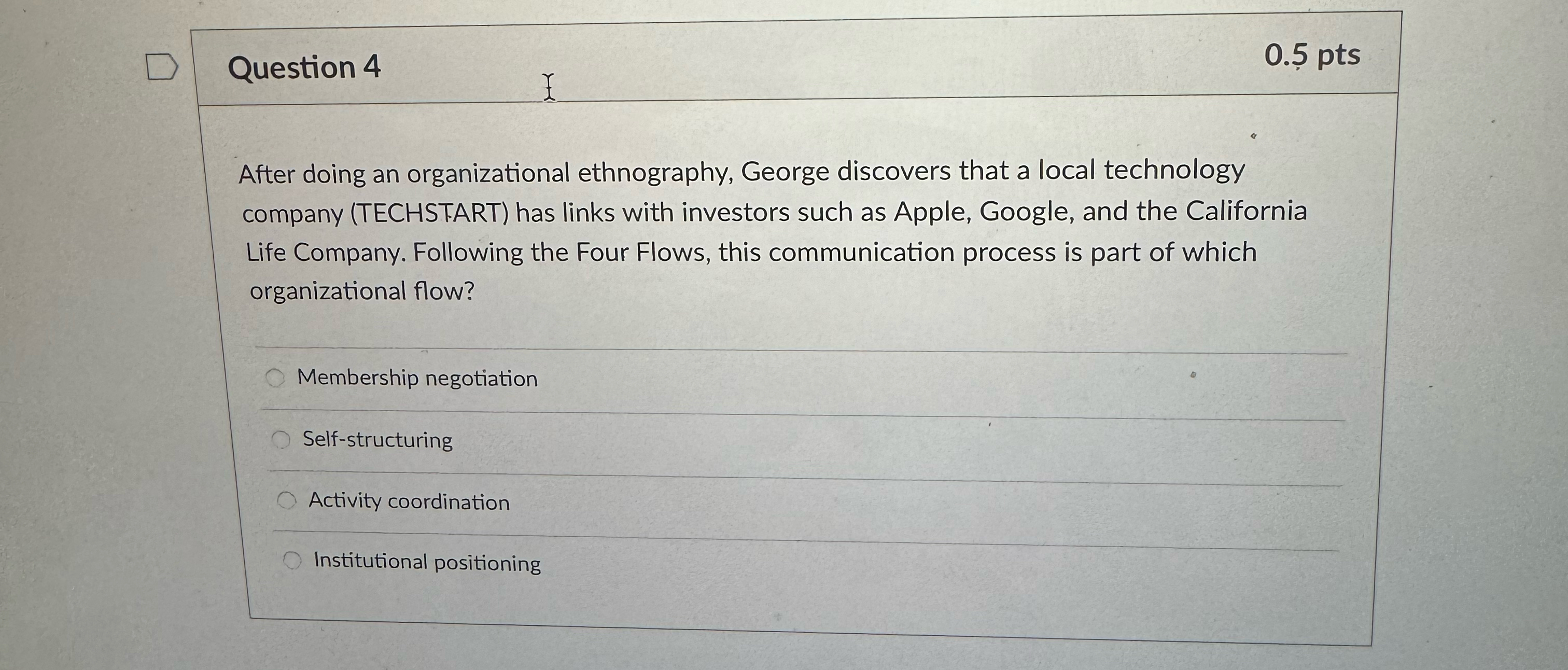 Question 4 0.5pts After doing an organizational ethnography, George discovers that