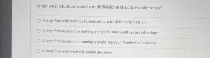  Under what situation would a multidivisional structure make sense? A large