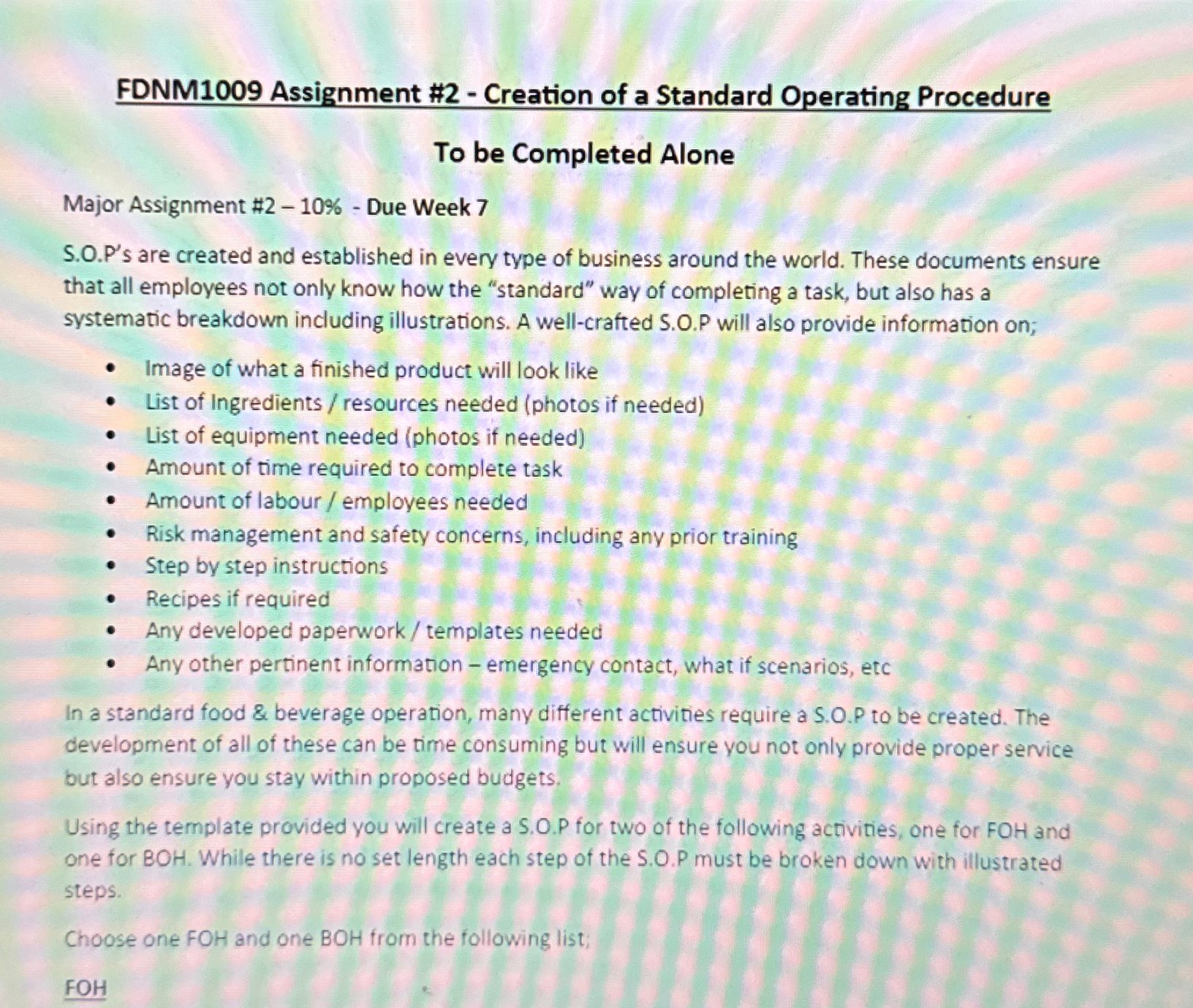  FDNM1009 Assignment #2- Creation of a Standard Operating Procedure To be