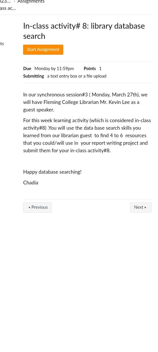 as soon as possible In-class activity\# 8: library database search Due