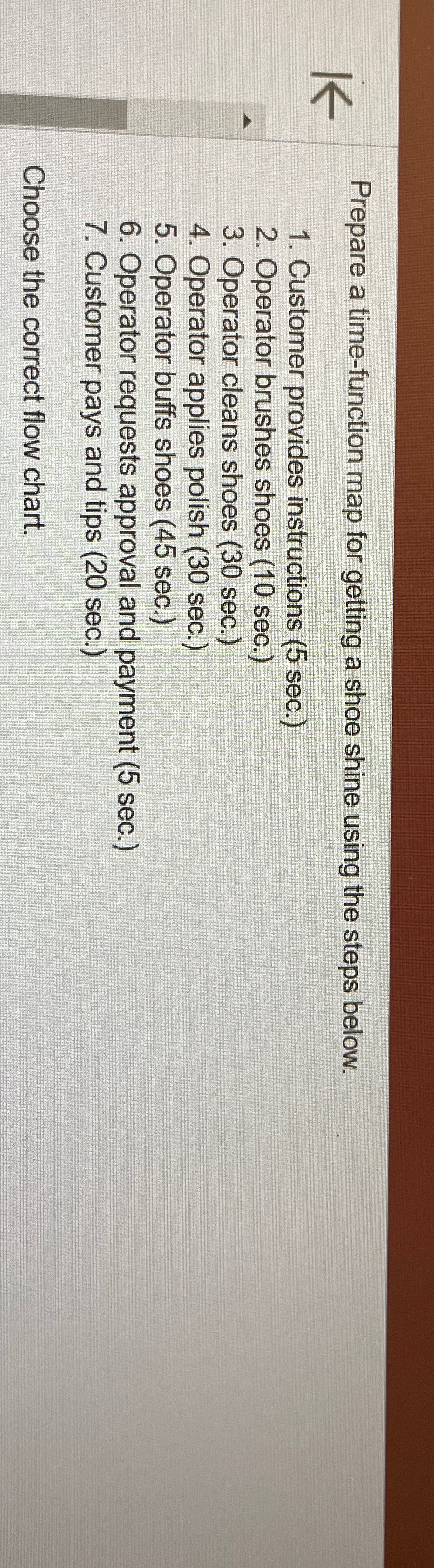  Prepare a time-function map for getting a shoe shine using the