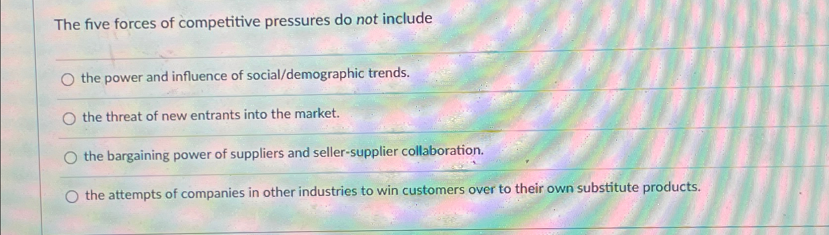  The five forces of competitive pressures do not include the power