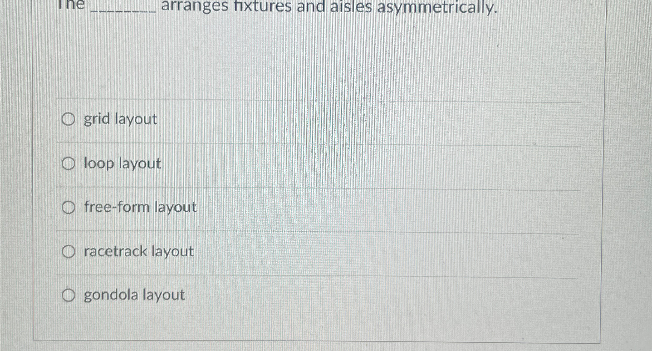  q, arranges fixtures and aisles asymmetrically. grid layout loop layout free-form
