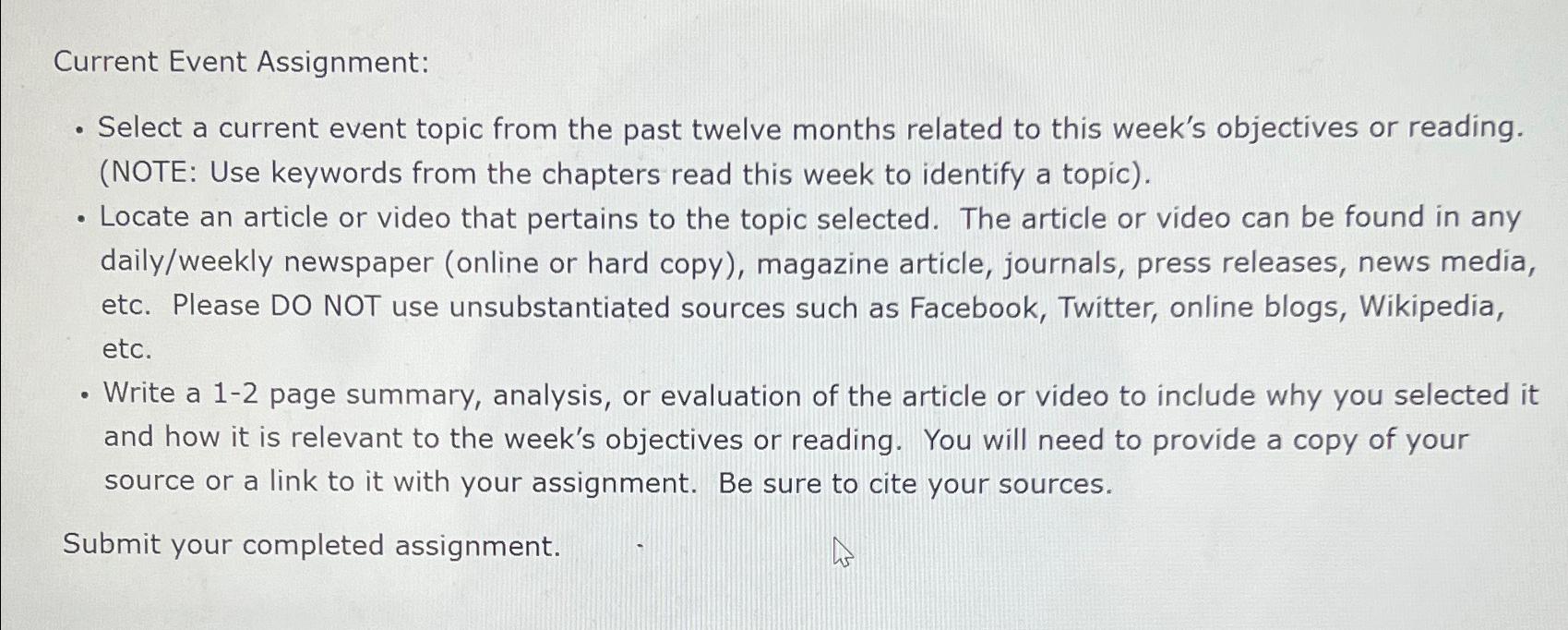  Current Event Assignment: Select a current event topic from the past