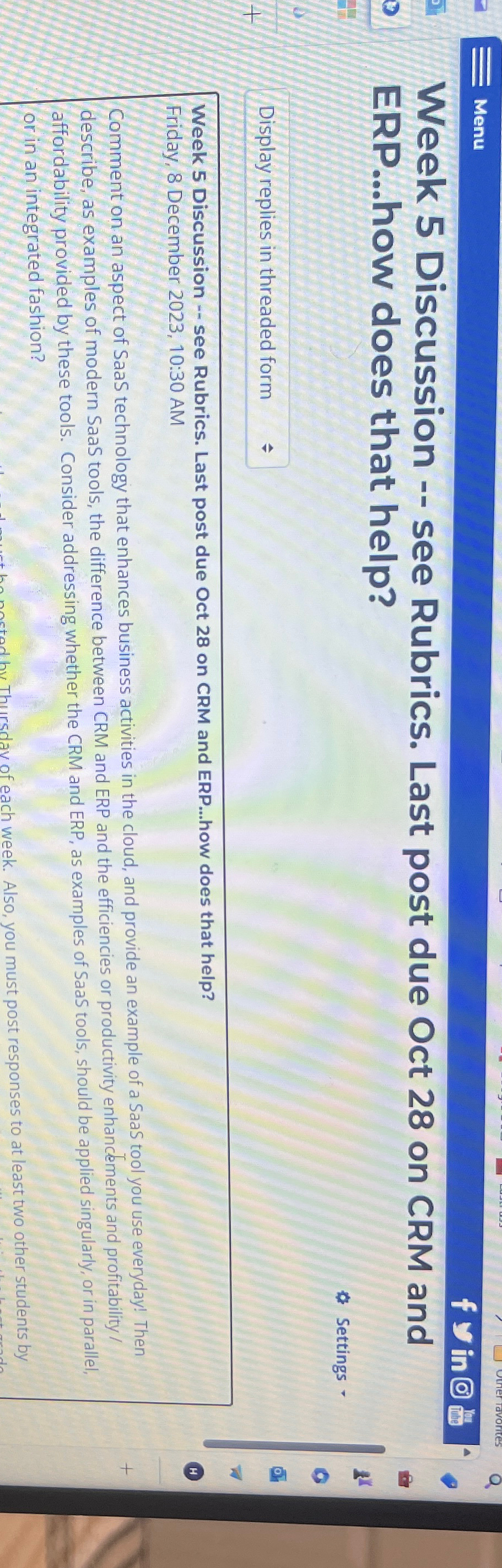  Menu Week 5 Discussion -- see Rubrics. Last post due Oct