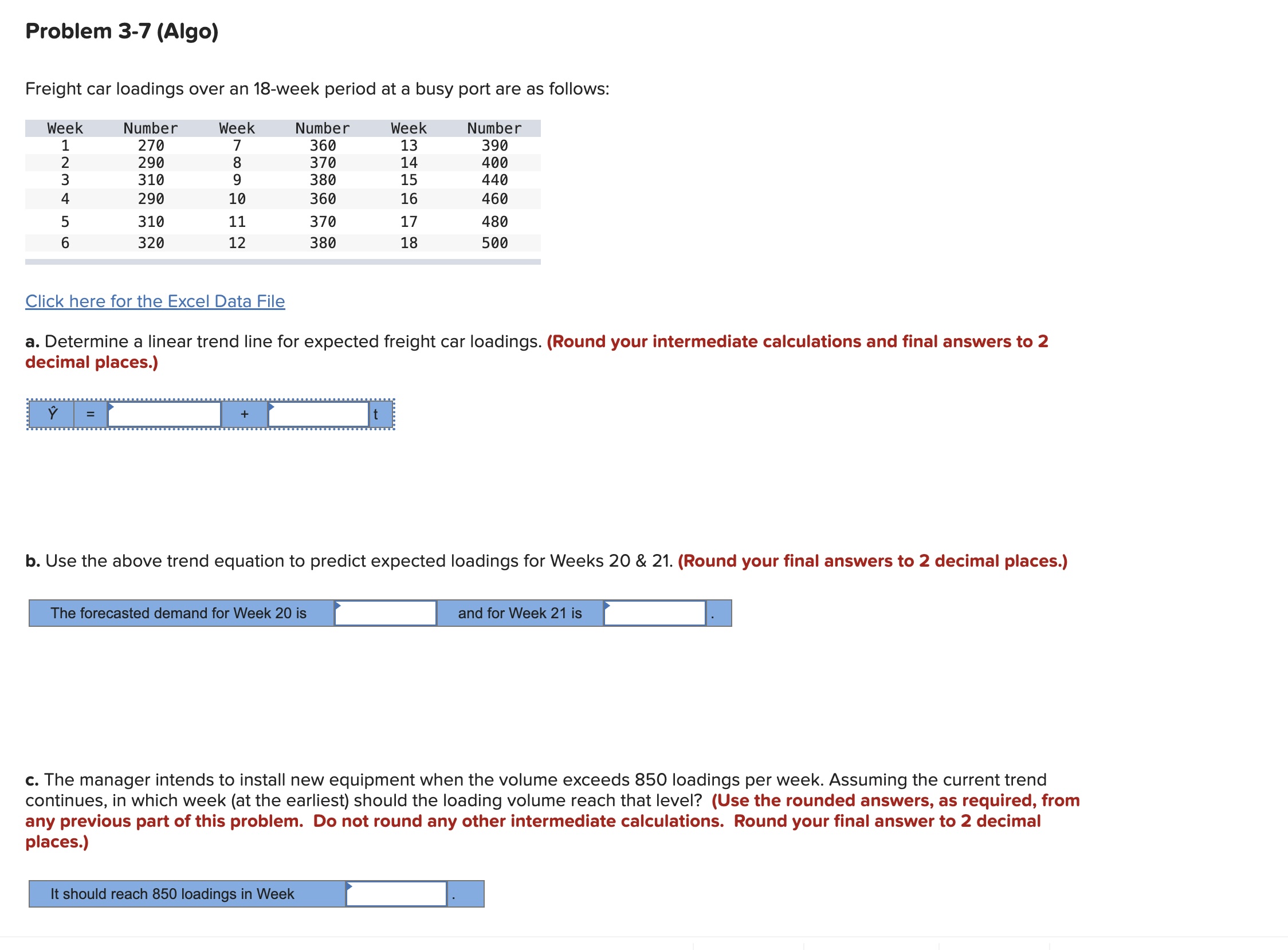  Problem 3-7(Algo) Freight car loadings over an 18-week period at a
