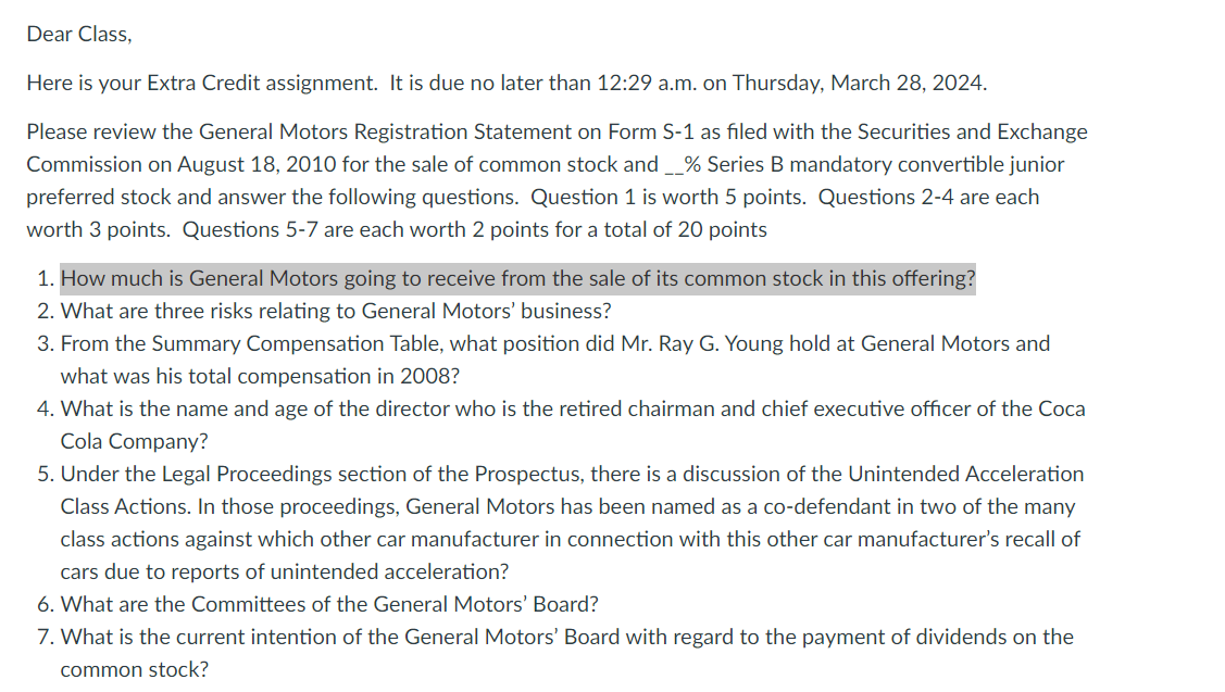  Dear Class, Here is your Extra Credit assignment. It is due