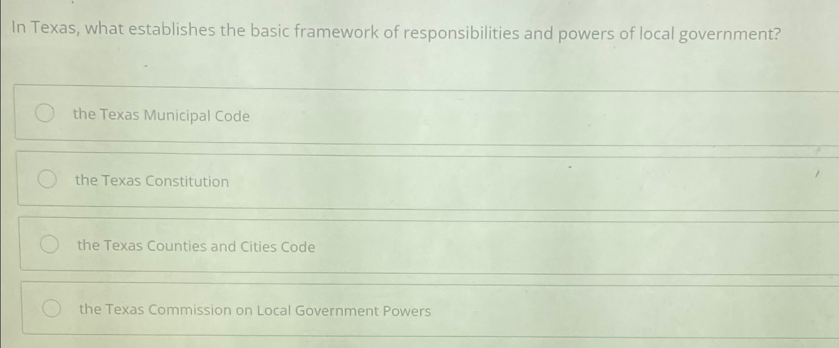  In Texas, what establishes the basic framework of responsibilities and powers