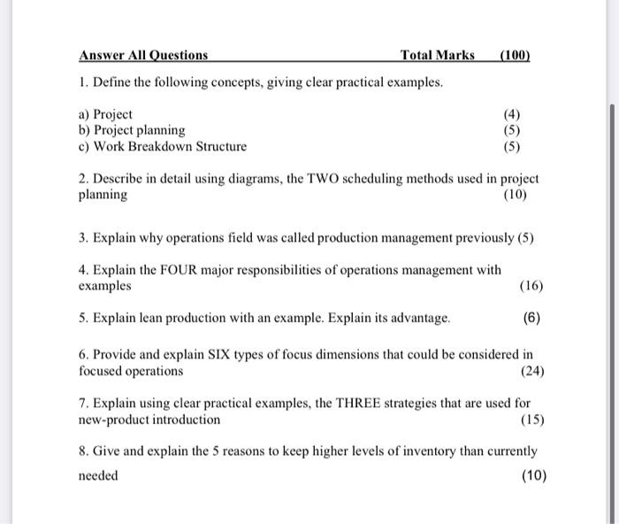  1. Define the following concepts, giving clear practical examples. a) Project