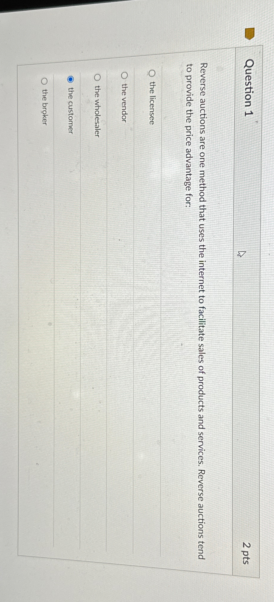 Question 1 2pts Reverse auctions are one method that uses the