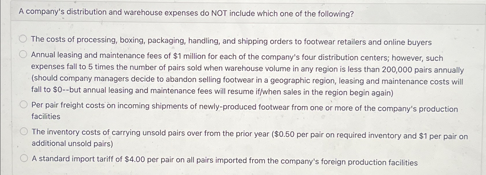  A company's distribution and warehouse expenses do NOT include which one