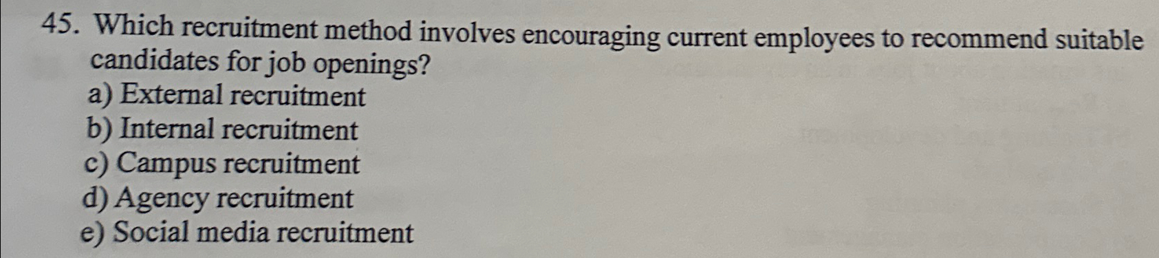  Which recruitment method involves encouraging current employees to recommend suitable candidates