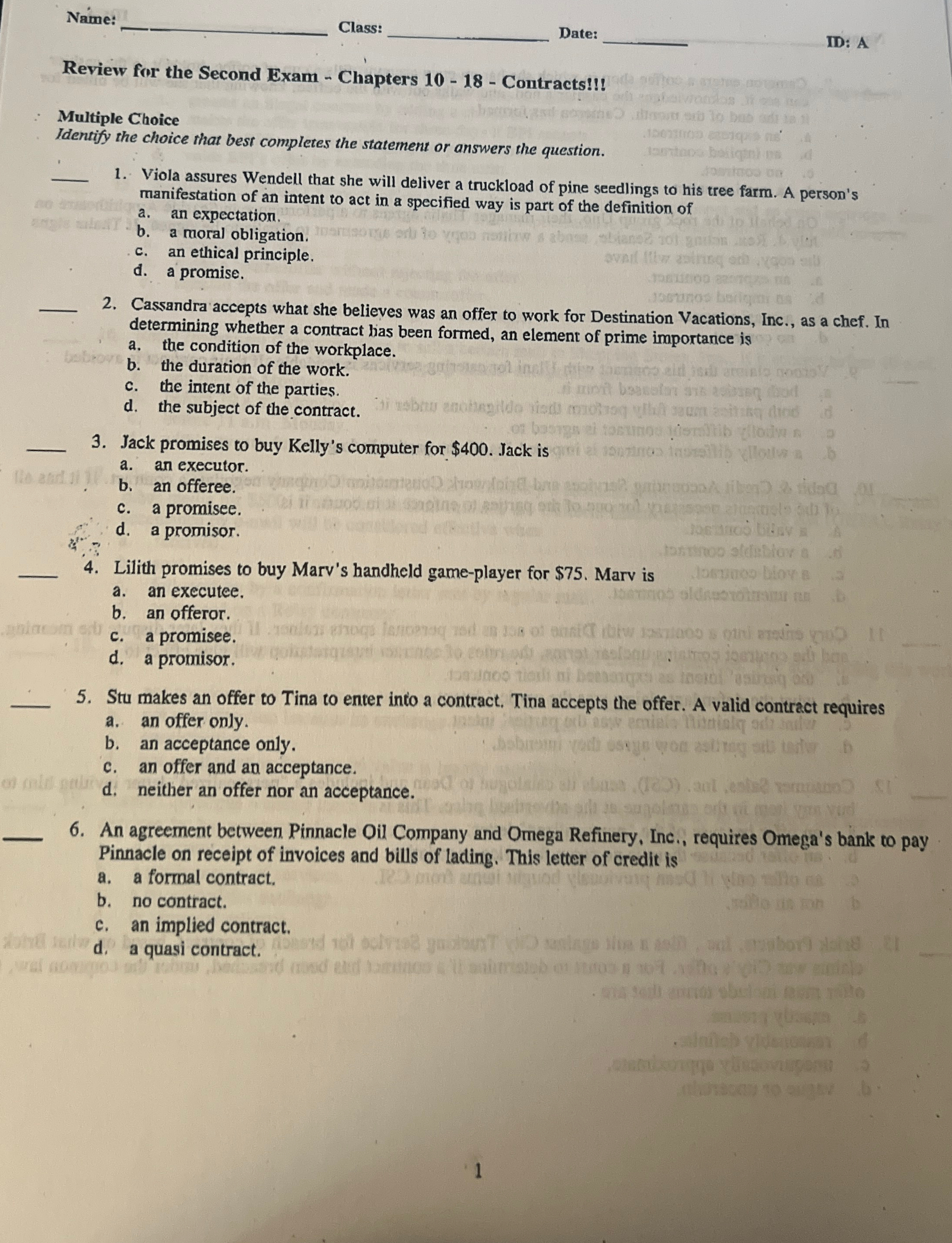  Naime: Class Date: Review for the Second Exam - Chapters 10-18-