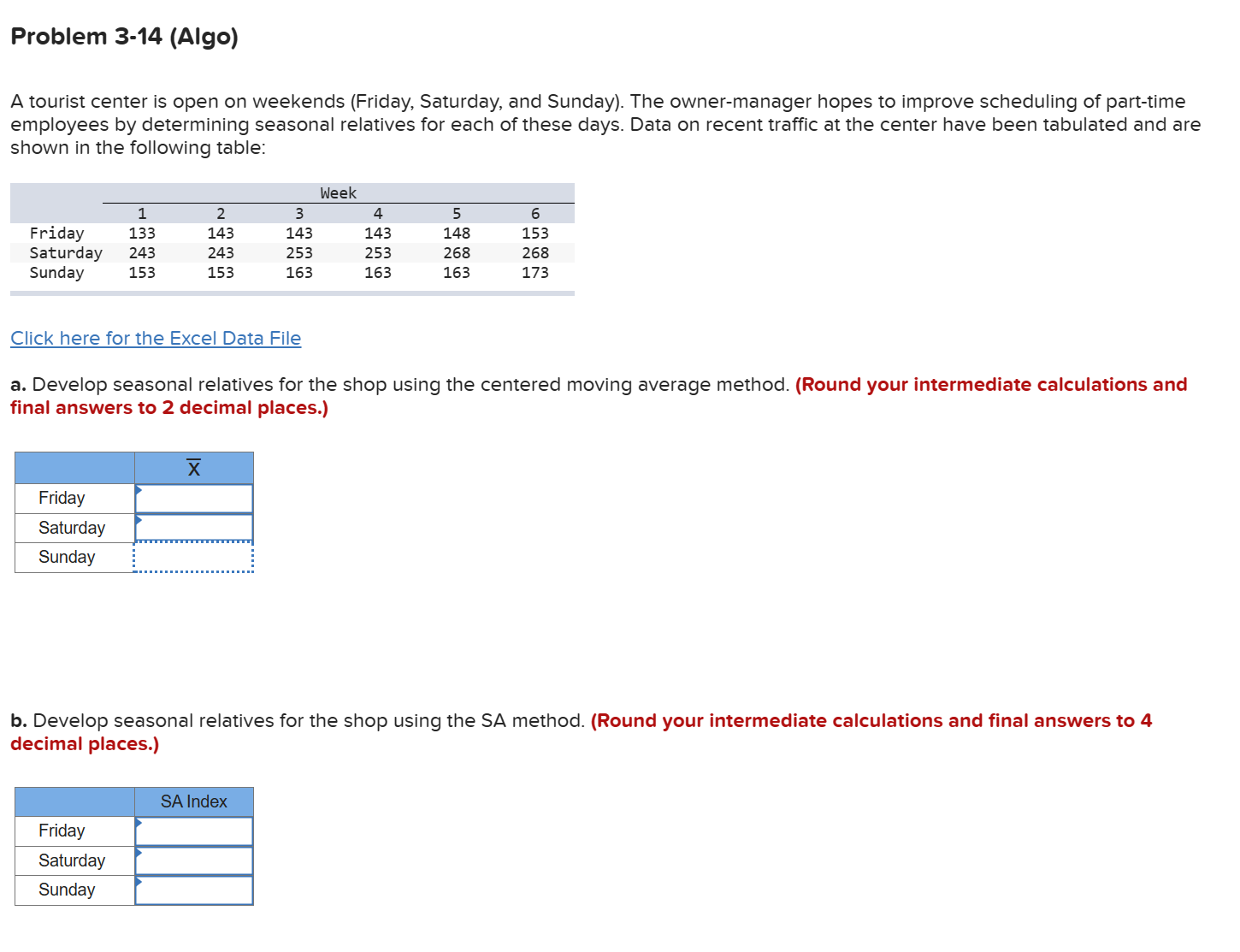  Problem 3-14(Algo) A tourist center is open on weekends (Friday, Saturday,