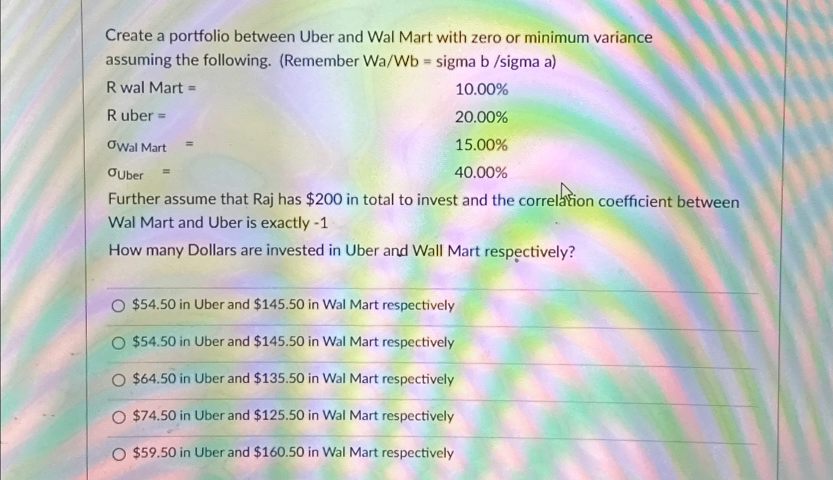  Create a portfolio between Uber and Wal Mart with zero or