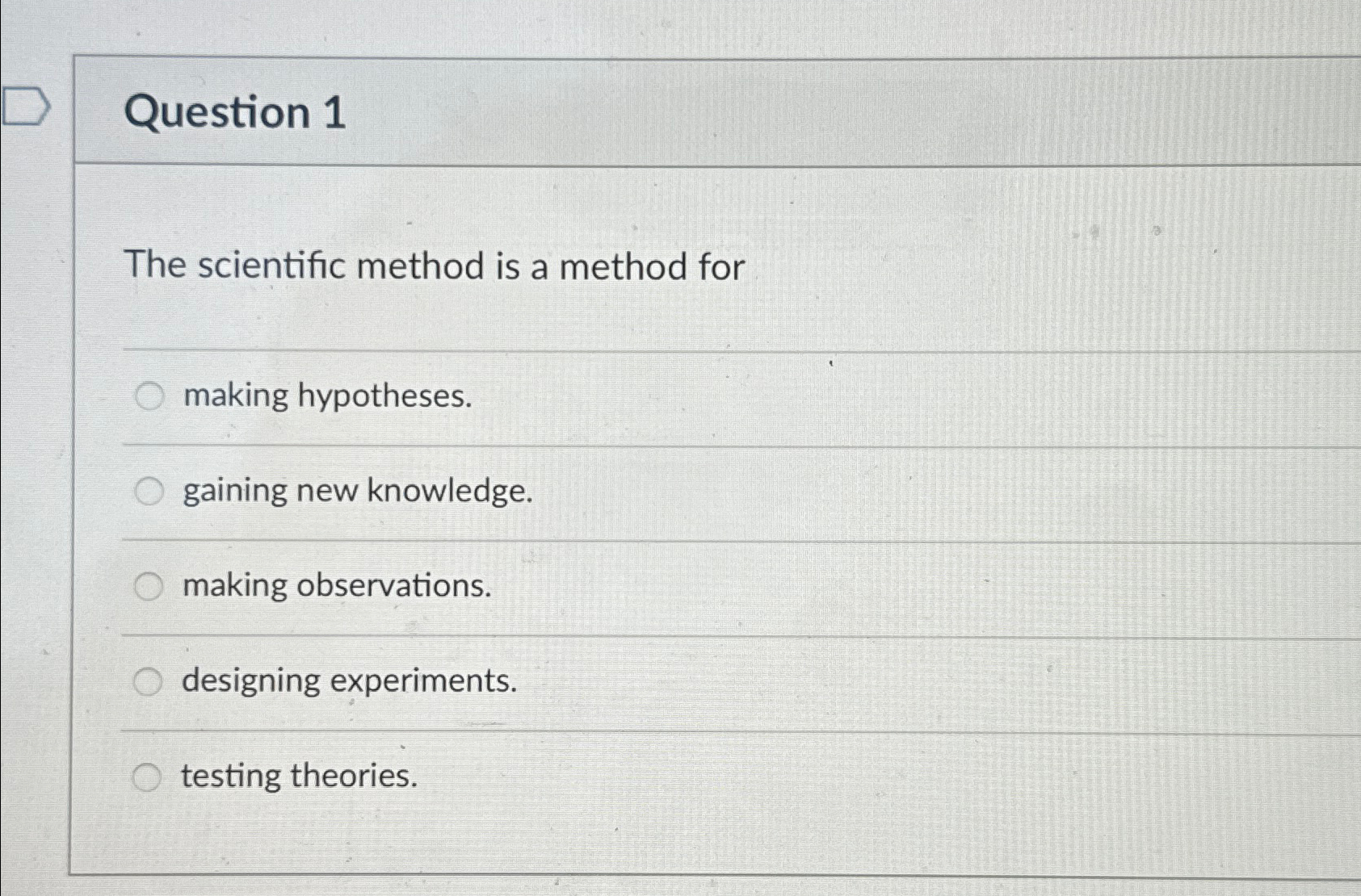  Question 1 The scientific method is a method for making hypotheses.