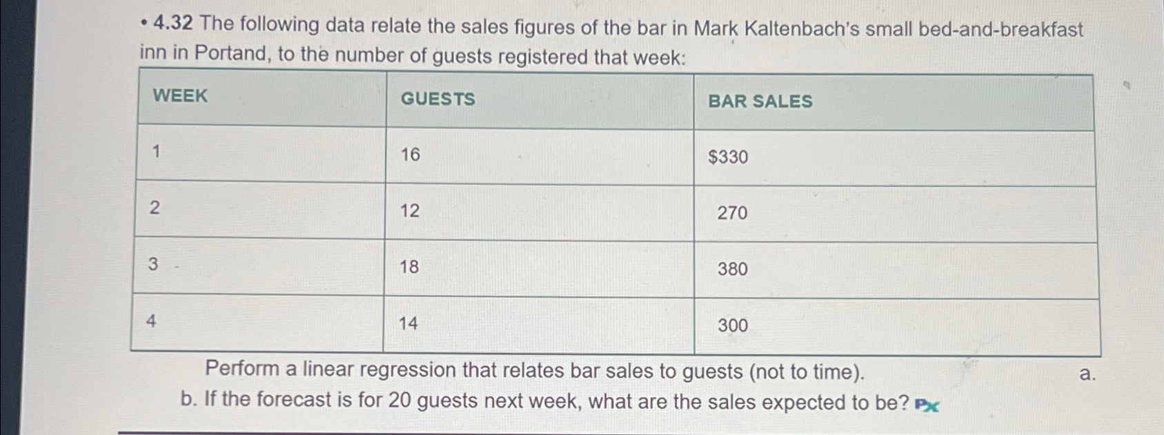  -4.32 The following data relate the sales figures of the bar
