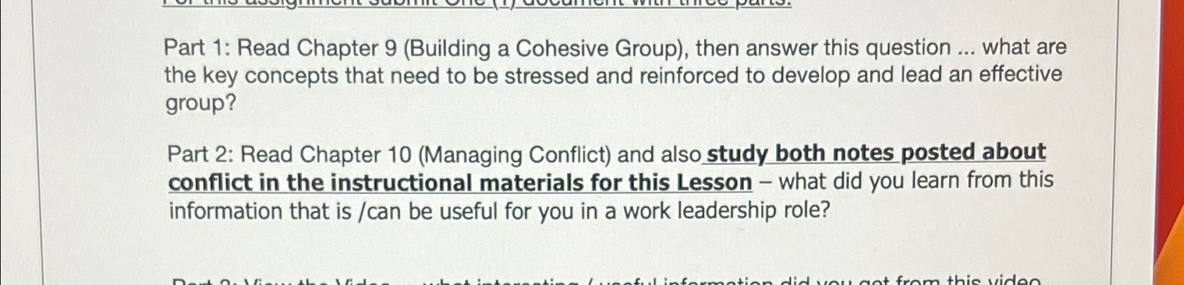  Part 1: Read Chapter 9(Building a Cohesive Group), then answer this