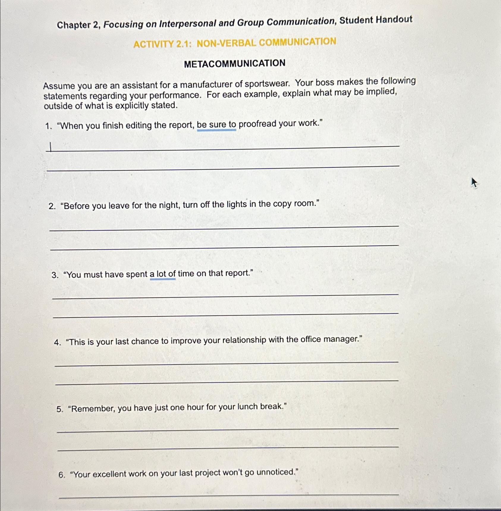  Chapter 2, Focusing on Interpersonal and Group Communication, Student Handout ACTIVITY