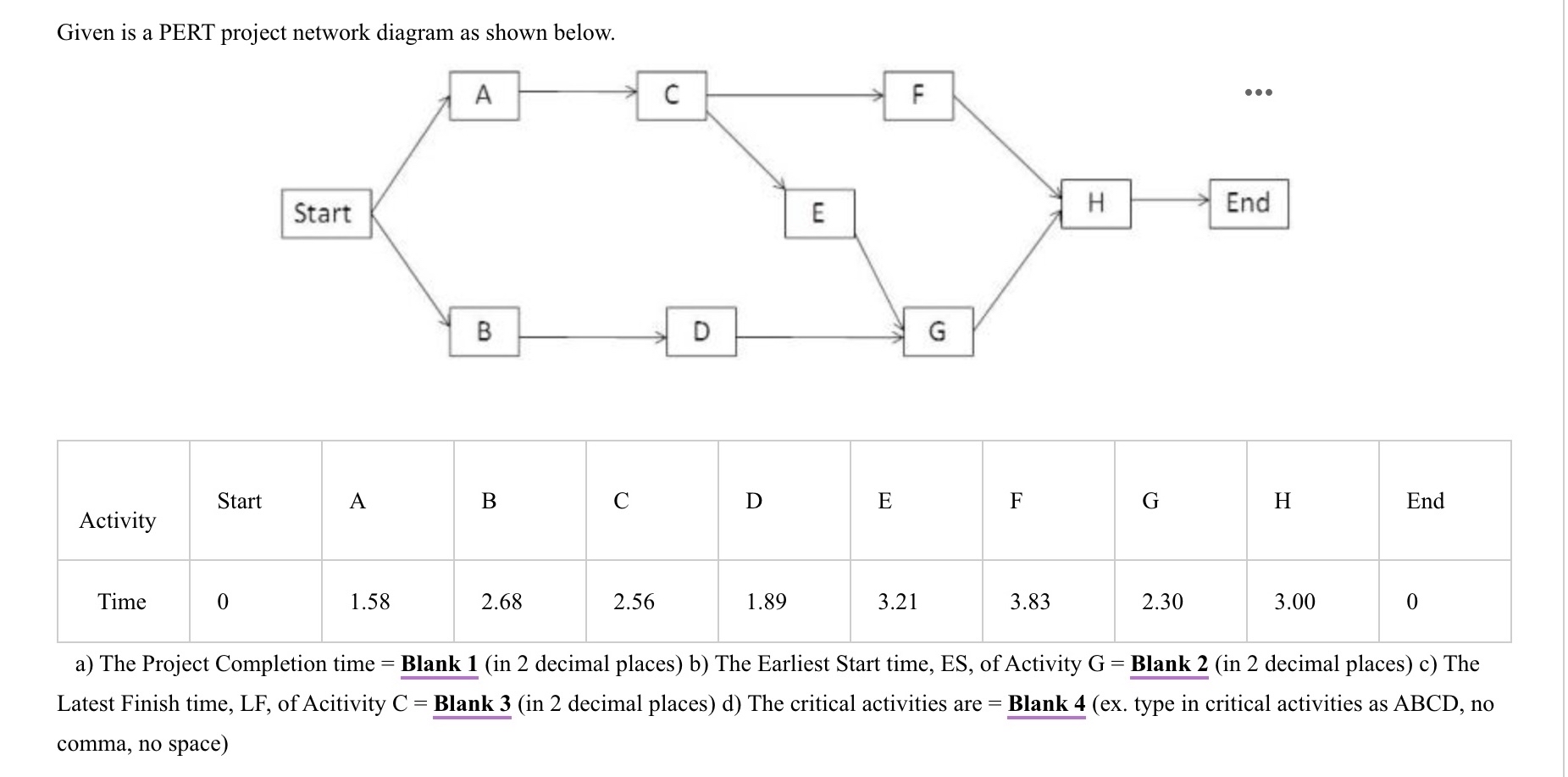  Given is a PERT project network diagram as shown below. \table[[Activity,Start,A,B,C,D,E,F,G,H],[Time,0,1.58,2.68,2.56,1.89,3.21,3.83,2.30,3.00]]