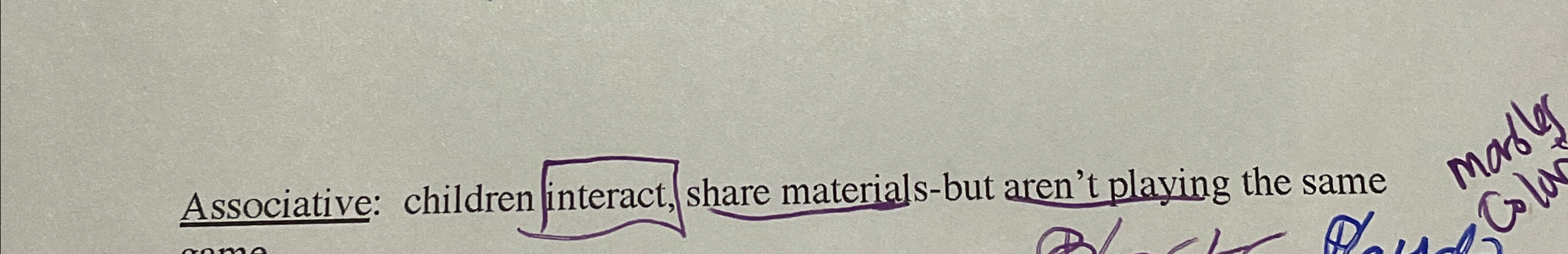  Associative: children interact, share materials-but aren't playing the same 