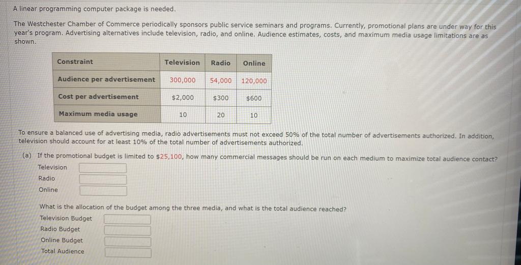  A linear programming computer package is needed. The Westchester Chamber of