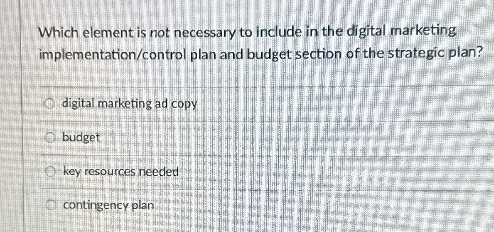  Which element is not necessary to include in the digital marketing