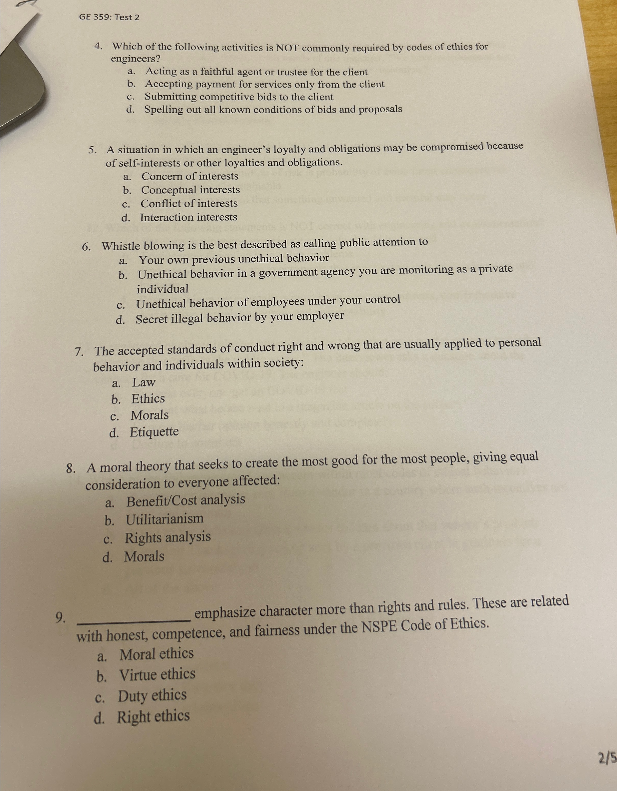  GE 359: Test 2 4. Which of the following activities is