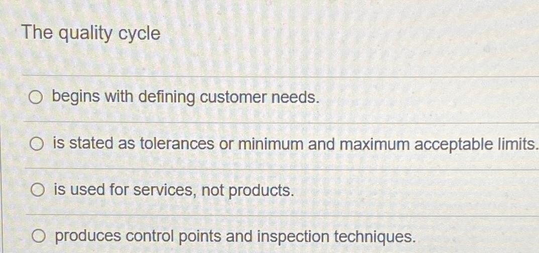  The quality cycle begins with defining customer needs. is stated as