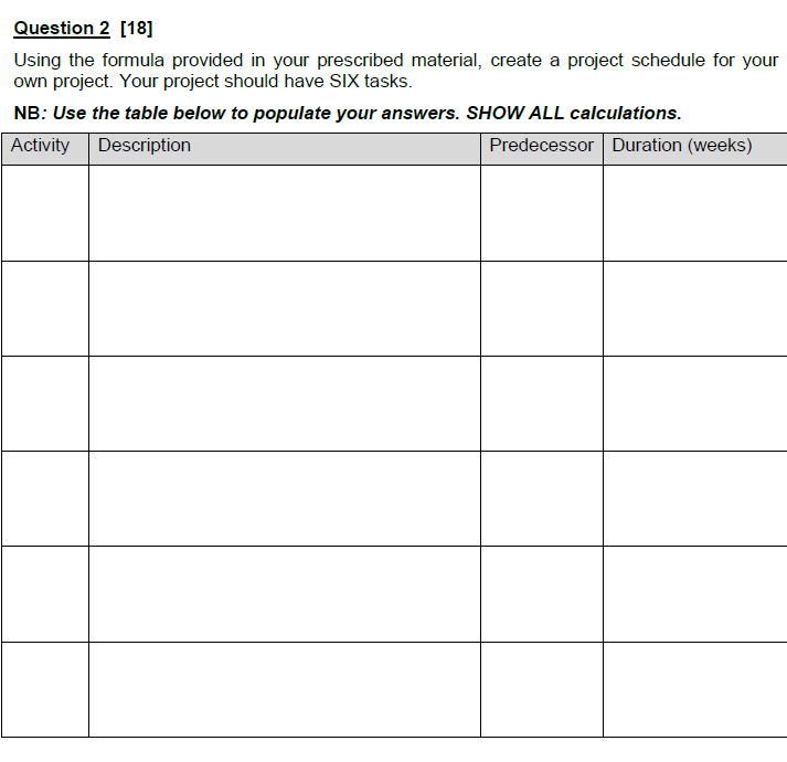  Question 2 [18] Using the formula provided in your prescribed material,