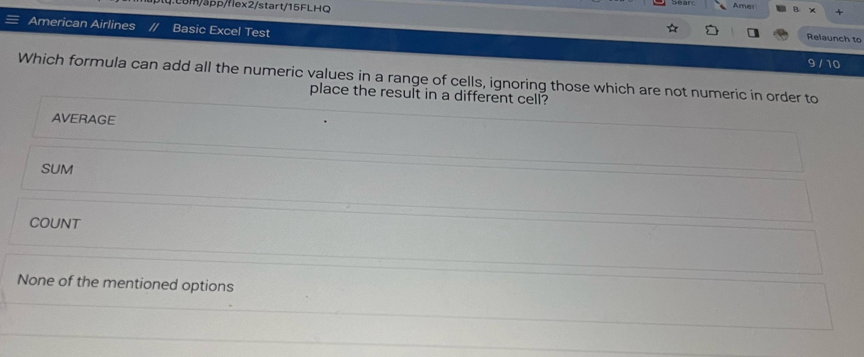  American Airlines Basic Excel Test Amer Relaunch to 910 Which formula