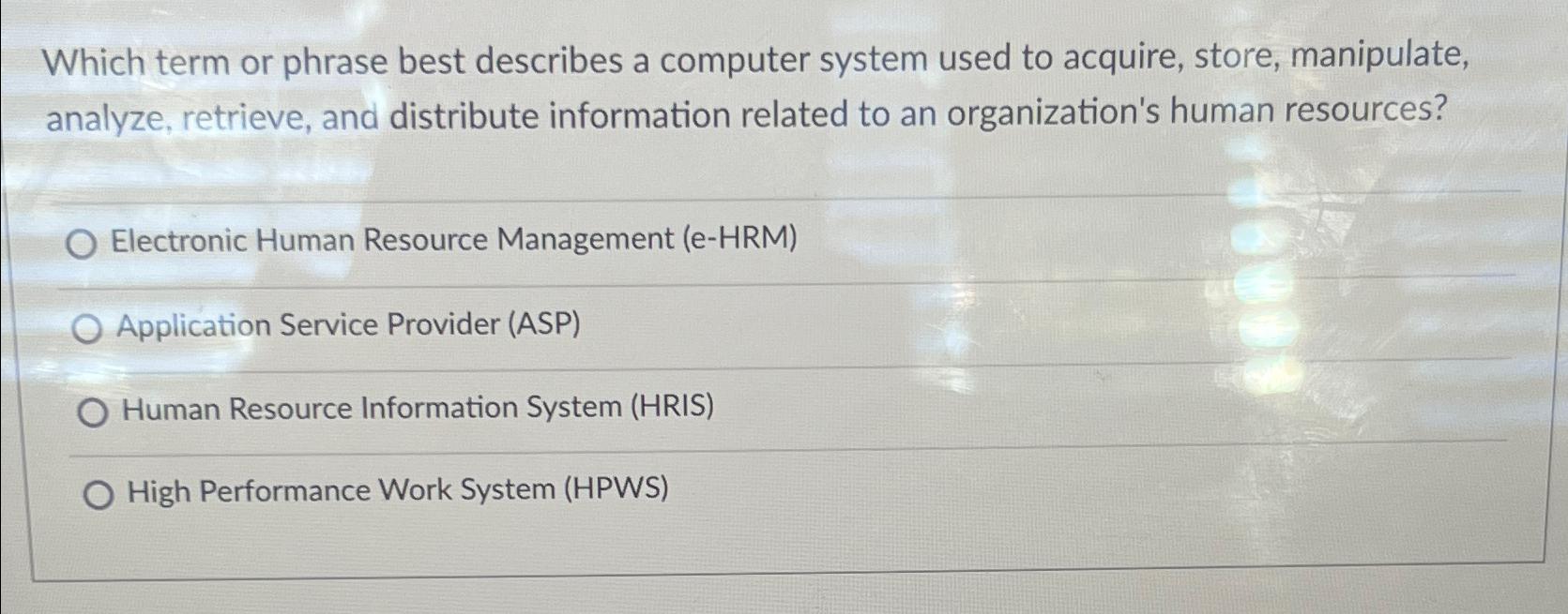  Which term or phrase best describes a computer system used to