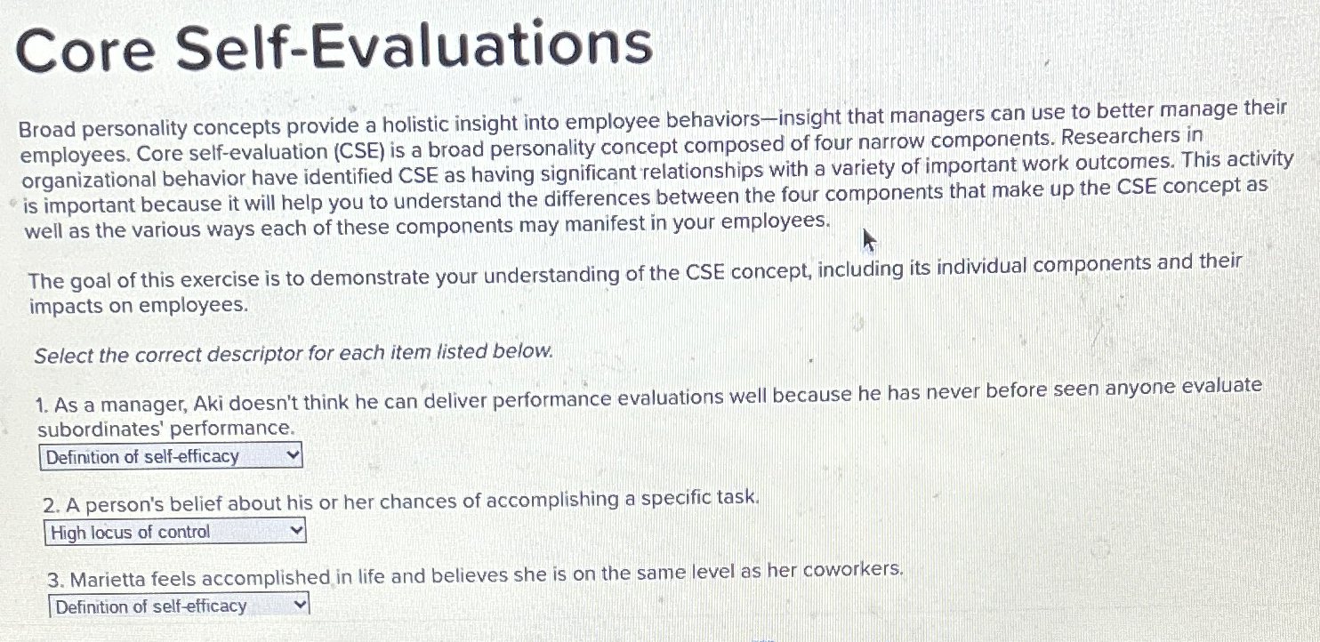  Core Self-Evaluations Broad personality concepts provide a holistic insight into employee