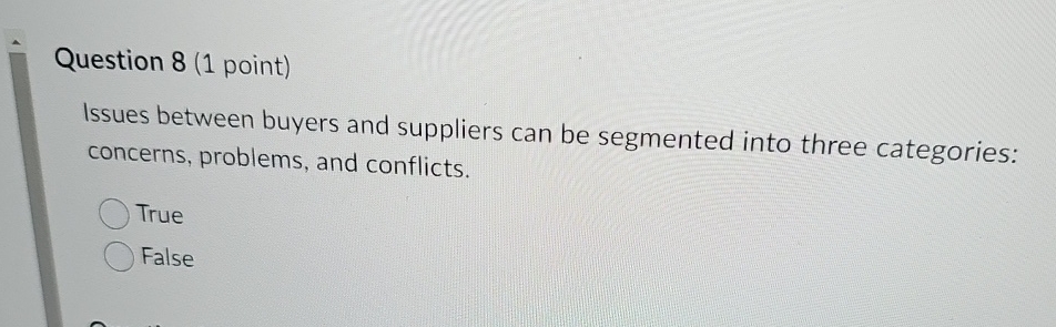  Question 8(1 point) Issues between buyers and suppliers can be segmented